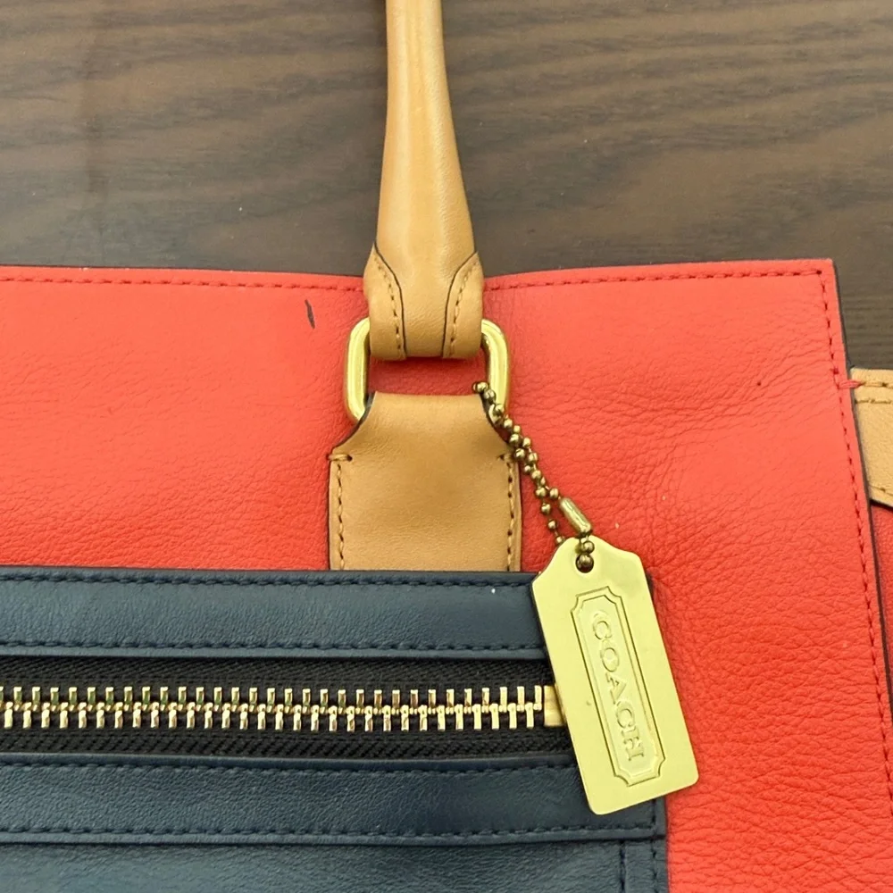 Coach Red, Navy & Tan Leather Satchel with Tassel Accents